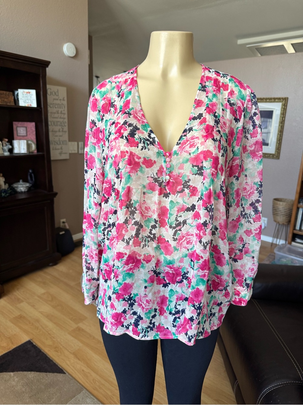 Joie sheer floral V-neck long sleeve SILK blouse-size L
